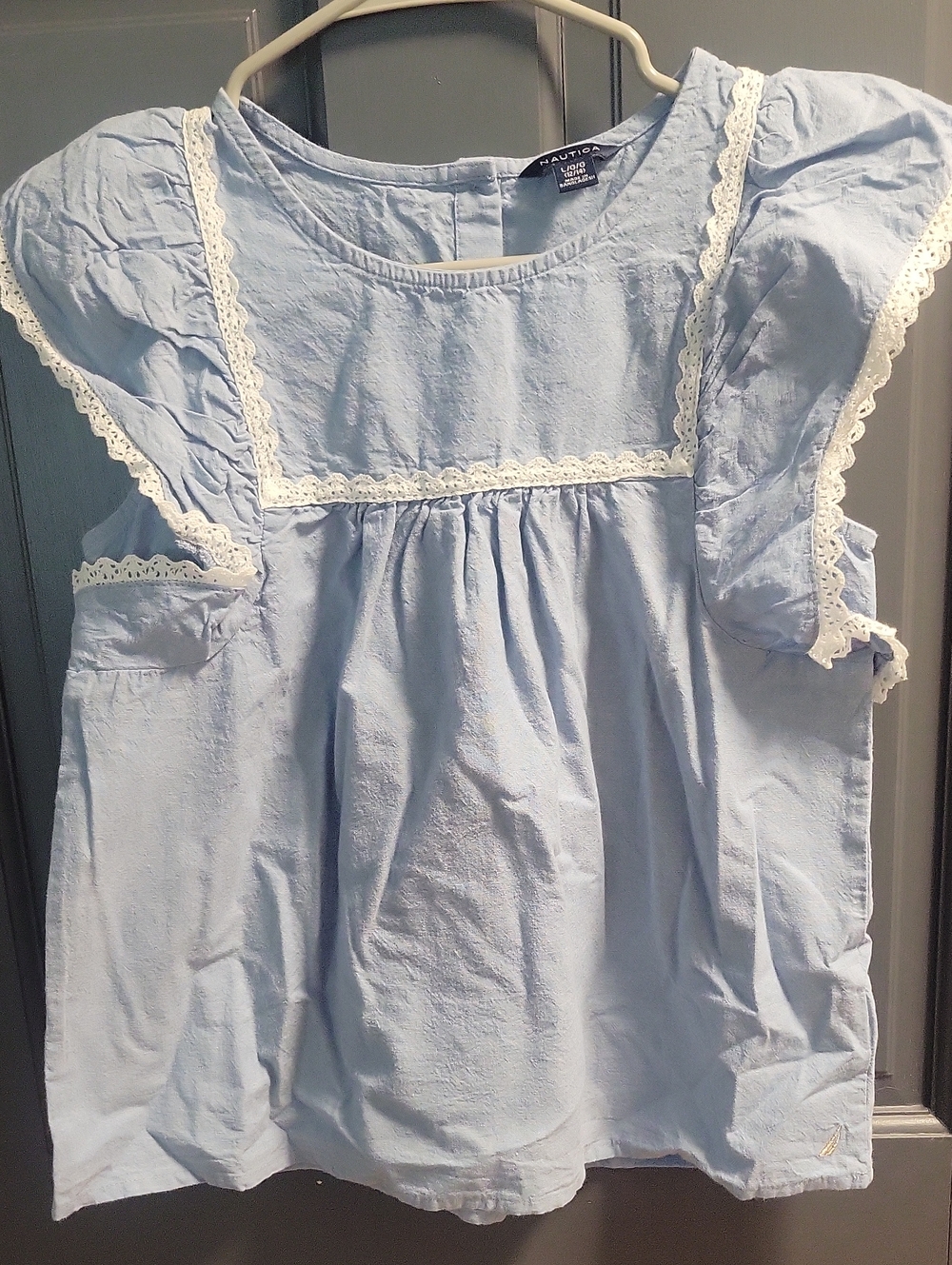 NAUTICA GIRLS SIZE LARGE Light Blue Lace Trim Flutter Sleeve Top